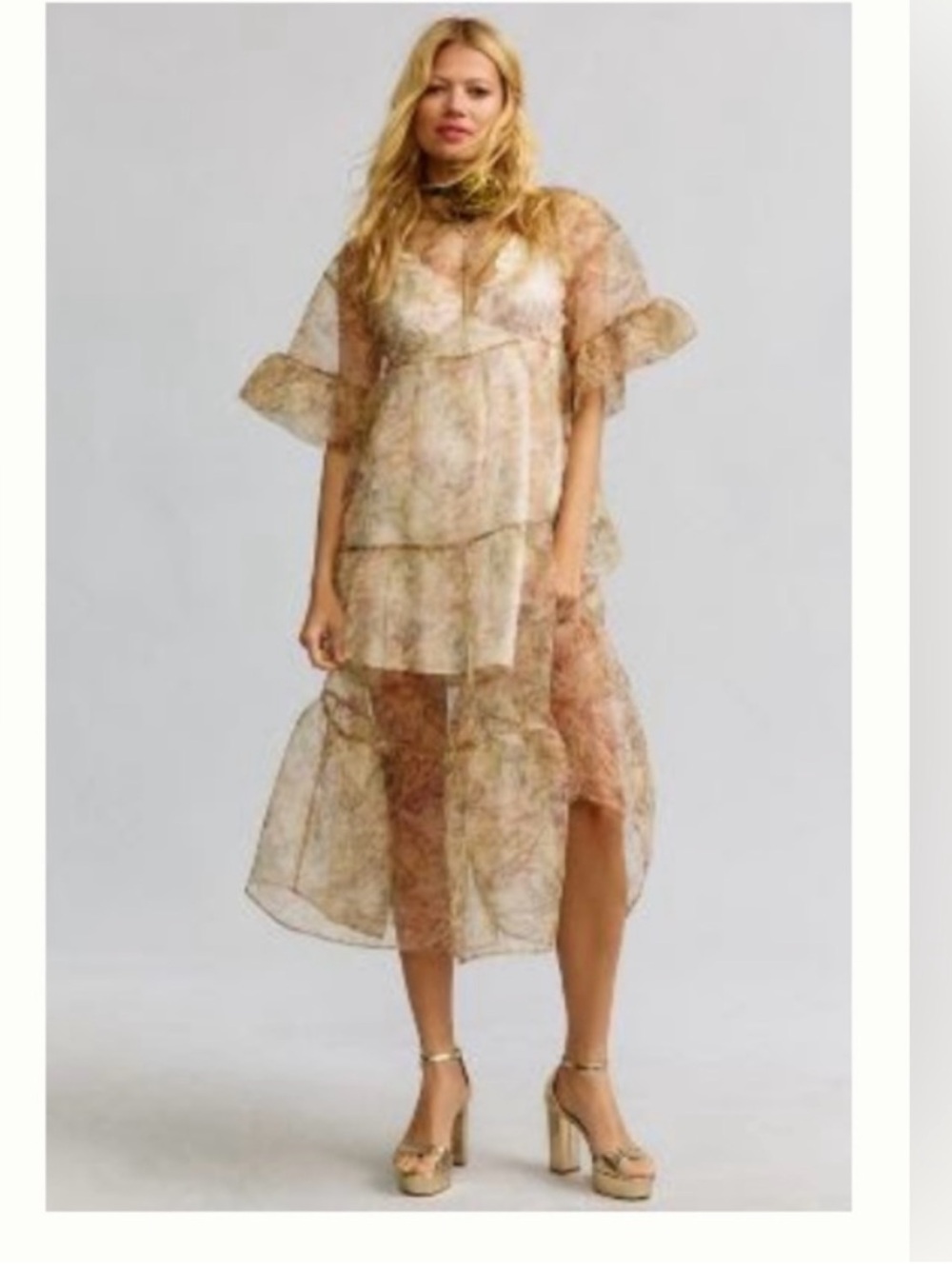Sheer Layered Midi Dress in Beige